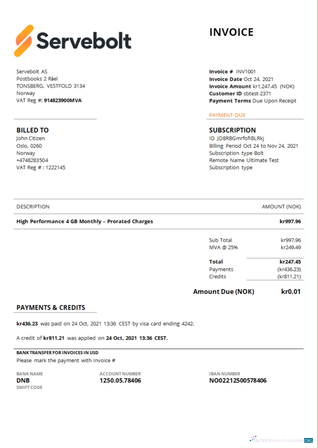 Download Norway Servebolt high performance hosting company invoice Photoshop template